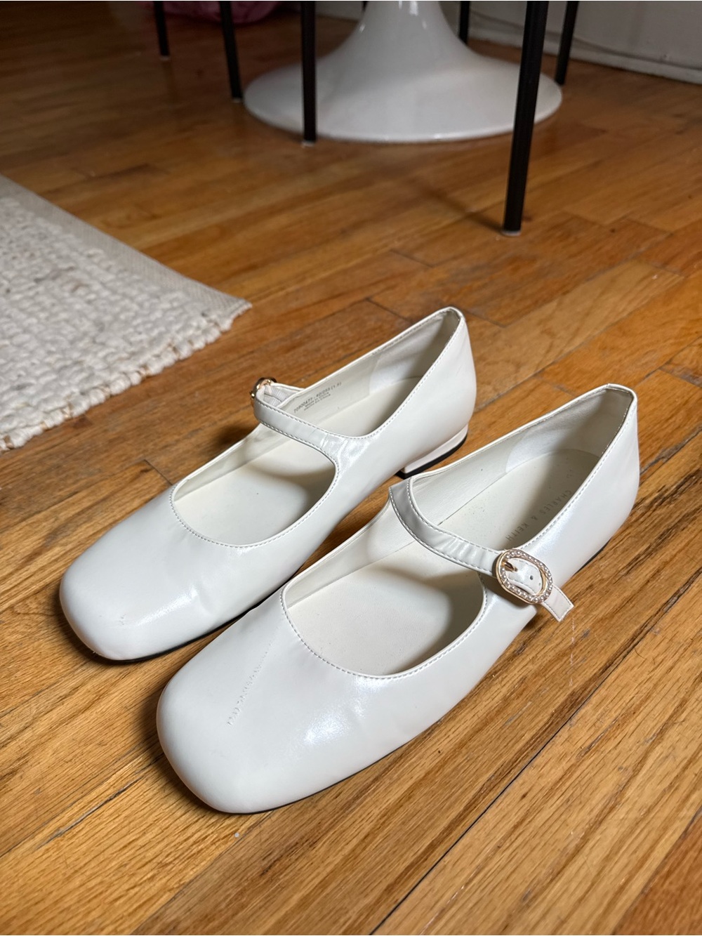 Charles & Keith cream/white Mary Jane flats, pearls and gold buckle, 9.5